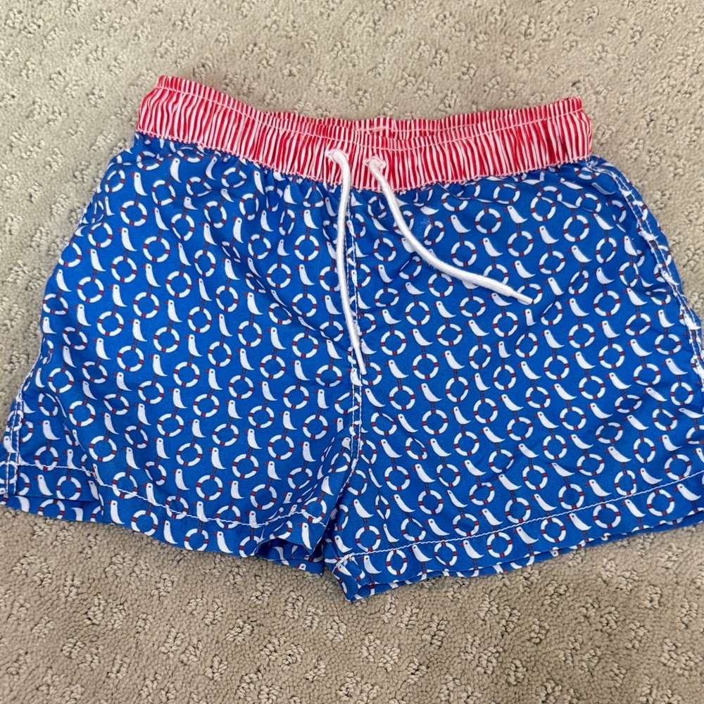 Jacadi Blue Swim Trunks with Pink Striped Waistband